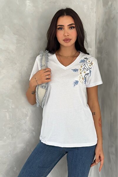 FEMELLE Women's White V-Neck Large Size Shoulder Flower Pattern Sequin Sequin and Embroidery Embroidered 100% Cotton T-Shirt