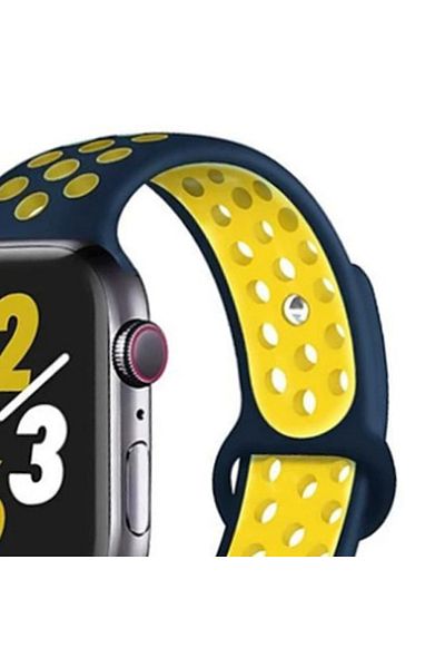 REDz Accessories Perforated Sport Band for Apple Watch, Silicone, Navy/Yellow - 44/45/46/49 mm, Medium