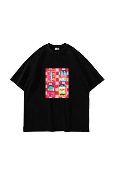 Tarzsokak Sardine Imprimate Oversize Unisex Negru