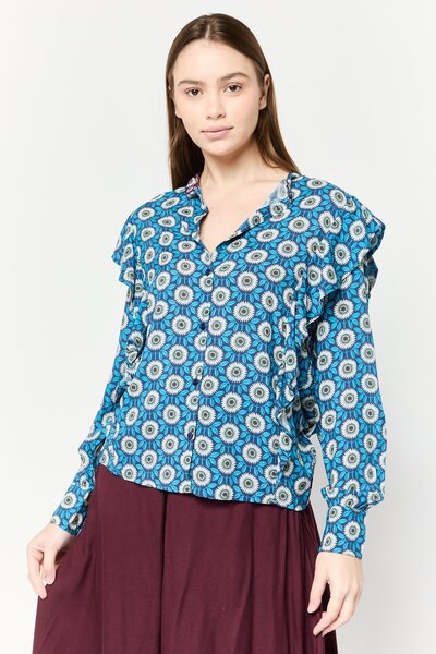 Harmont & Blaine Women Band Collar Long Sleeves Graphic Print Blouse, Multicolor