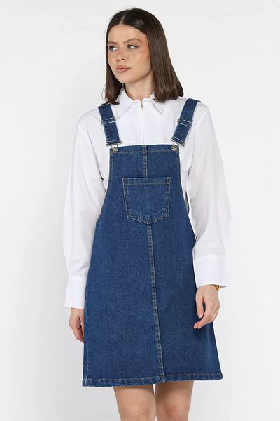 GÜLSELİ Rochie Salopet de damă bleumarin cu buzunar frontal detaliat din denim