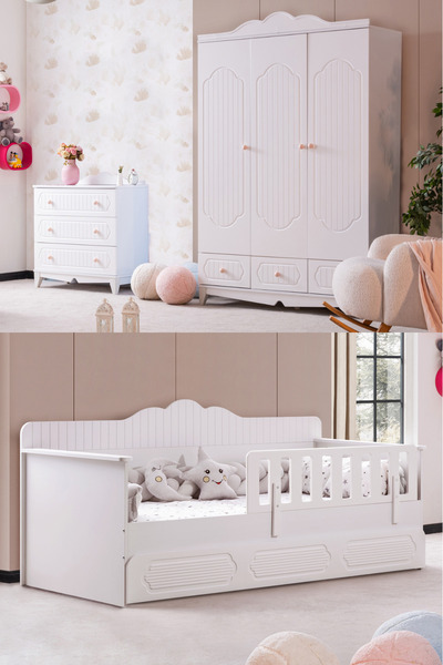 Setay Flower Çocuk Odası Takımı, Flower Yavrulu Karyola, 3 Kapaklı Dolap, Şifonyer - Beyaz