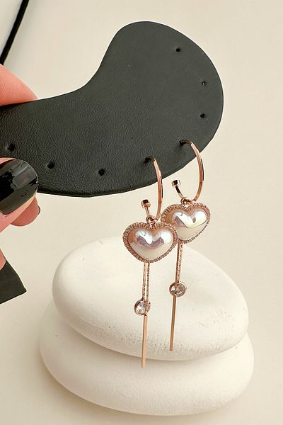 Modex Rose Color Pearl Heart Dangle Earrings (8cm)