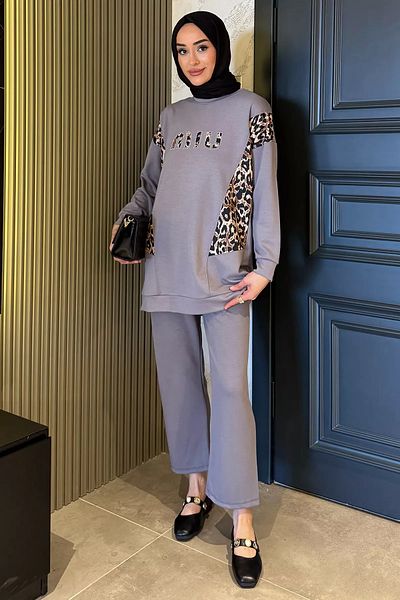 julude Γκρι Λεοπάρ Μοτίβο Plus Size Παντελόνι Hijab Σετ δύο τεμαχίων
