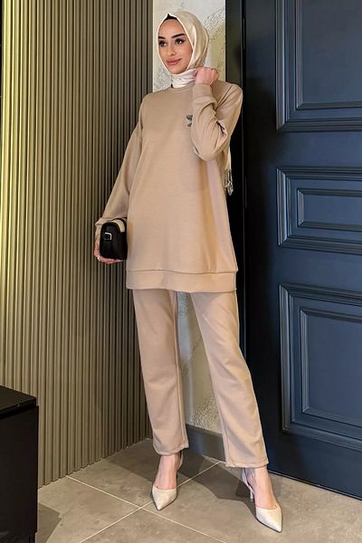 julude Μπεζ Plus Size Crew Neck Stone Λεπτομερές Hijab Παντελόνι Σετ δύο τεμαχίων