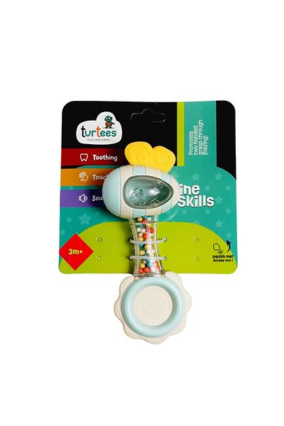 turtees Rattle, Double Sided Rattle with Soft Sound, Grab Handle, Teether