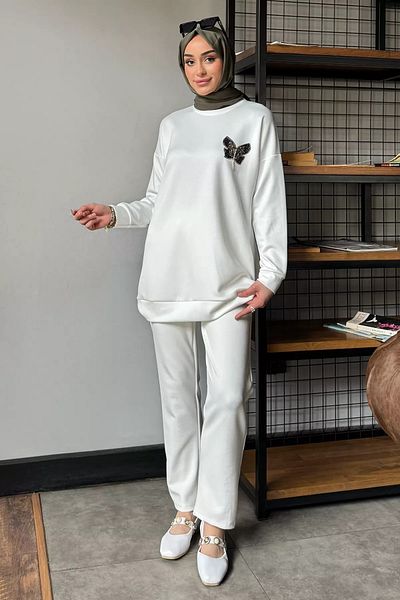 julude Κρέμα Plus Size Butterfly Stone Hijab Παντελόνι Σετ δύο τεμαχίων