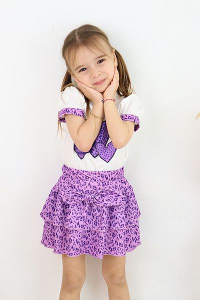 ESİLA KİDS Girl's Leopard Print 2-Piece Set Heart Print Balloon Sleeve T-Shirt and Ruffled Skirt 3-6 Years