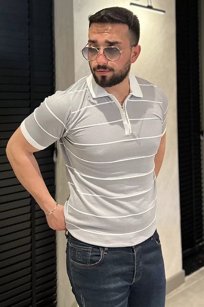 MİSHAR İTALİA Γκρι ανδρικό πλεκτό μπλουζάκι με μισό φερμουάρ με λαιμόκοψη