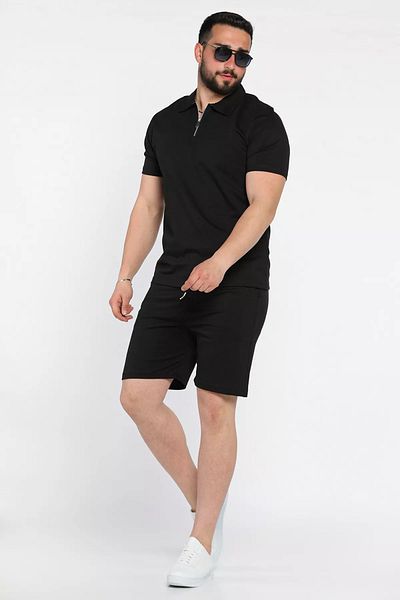 MİSHAR İTALİA Black Polo Neck Half Zipper T-Shirt Shorts Men's Two-Piece Set