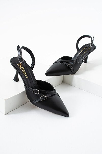 AlbiShoes Çift Toka Detaylı Arkası Açık Sivri Burun 8 Cm Ince Topuklu Stiletto Abiye Kadın Ayakkabı