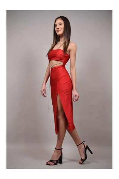 FASHIONLAND Strapless Occasion Midi Dress With Zingarello Appliques Red Xs-s