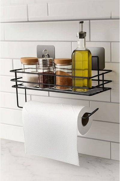 Sas Haus Paper Roll Towel Holder with Adhesive Shelf Napkin Holder Solo Tissue Holder Bathroom Kitchen Organizer Rack Black Shr