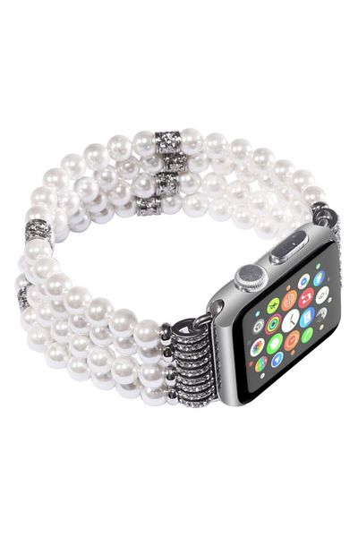 REDz Accessories Curea pentru Apple Watch, Fashion, Perle și Cristale, Elastic, Damă, Alb - 44/45/46/49 mm