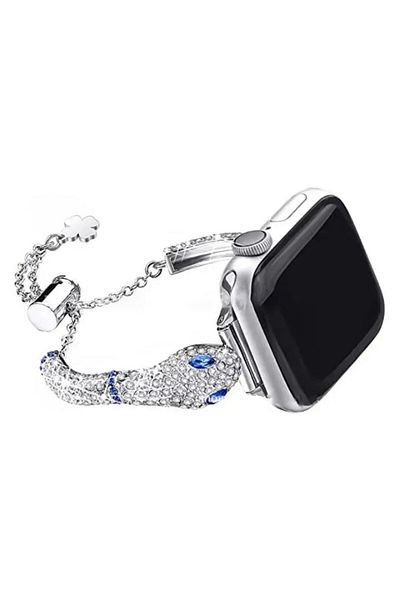 REDz Accessories Curea din cristal cu model șarpe pentru Apple Watch, model șarpe/strasuri, reglabilă, argintie - 44/45/46/49 mm