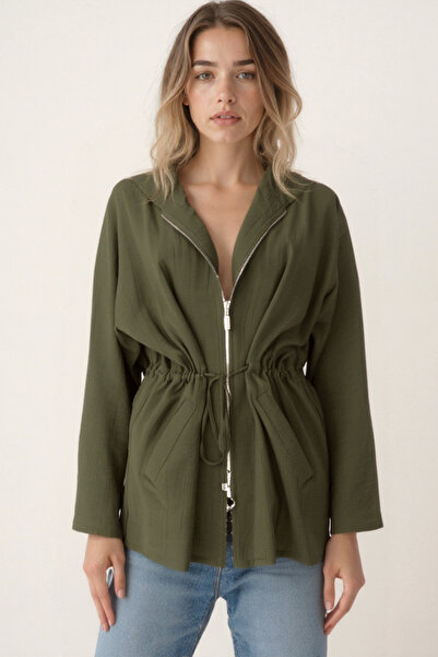 Vitrin Hooded Drawstring Waist Zippered Thin Jacket