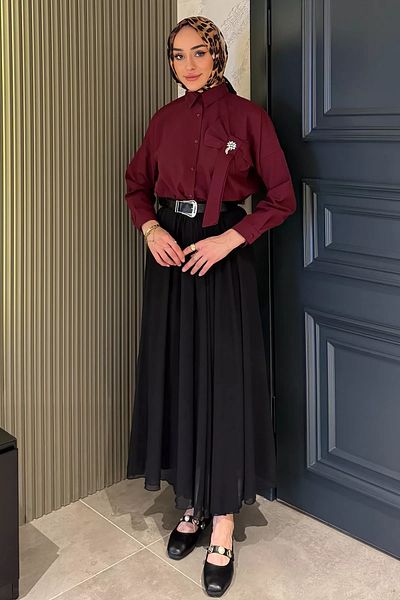 julude Black Belted Pleated Hijab Chiffon Skirt