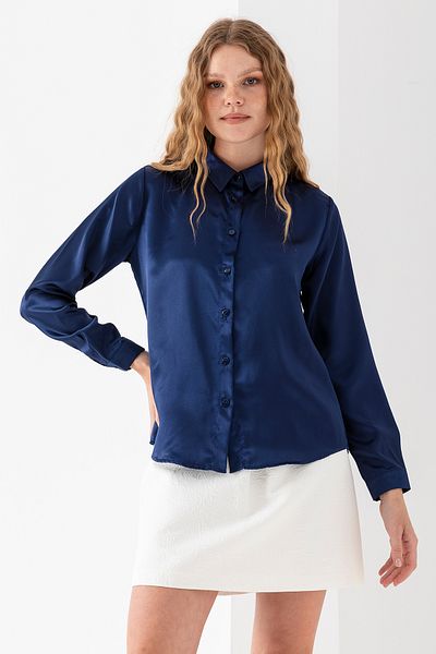 GİYSA Cămașă de damă cu mânecă lungă din satin ușor drapat Albastru bleumarin - 3964