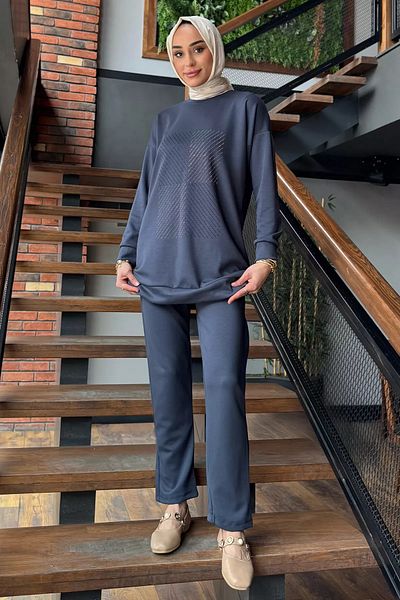 julude Σκούρο Indigo μπροστινό πέτρινο λαιμόκοψη Plus Size Hijab Παντελόνι Σετ δύο τεμαχίων