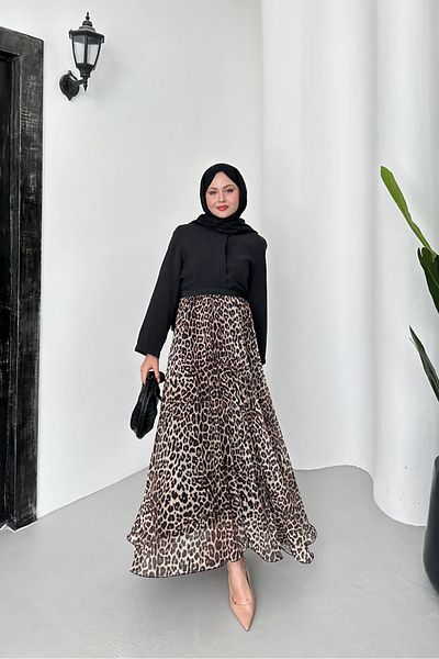 Neşeli Butik Women's High Waist Leopard Print Hijab Chiffon Skirt Nms057