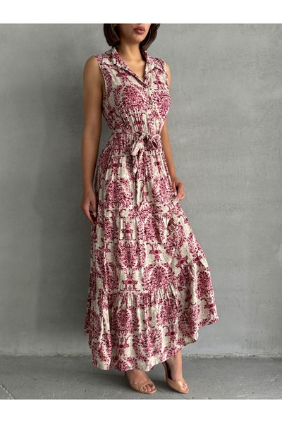 BEJNA Women's Burgundy Patterned Shirt Collar Summer Maxi Dress