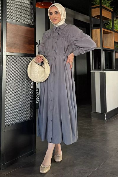 julude Γκρι Roba Μακρύ Κορδόνι Κουμπωτό Φόρεμα Hijab