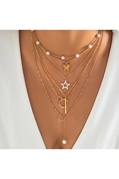 Hilosh 5'li Kelebek Yıldız Detaylı Kadın Kombin Kolye Seti