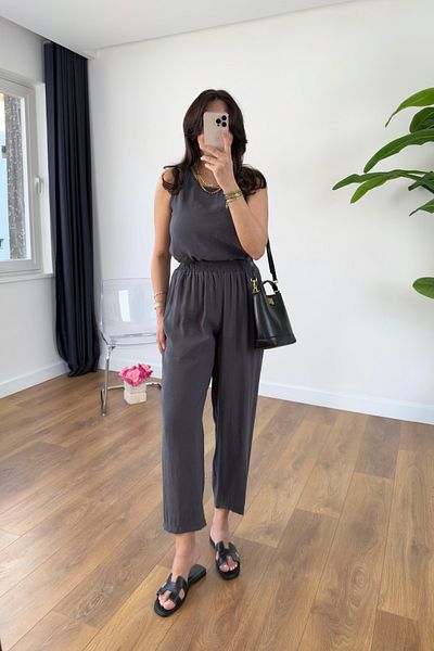 BİRCANÇİL Chakra Anthracite Blouse Trousers Tensl Suit