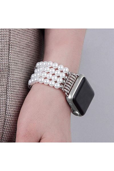 REDz Accessories Curea pentru Apple Watch, Fashion, Perle și Cristale, Elastic, Damă, Alb - 44/45/46/49 mm