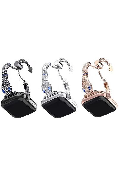 REDz Accessories Curea din cristal cu model șarpe pentru Apple Watch, model șarpe/strasuri, reglabilă, argintie - 44/45/46/49 mm