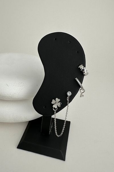 Modex Silver Color Clover Detail Triple Cartilage Earrings