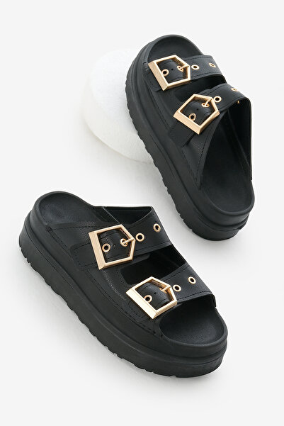 Tonny Black Kadın Siyah Yüksek Poli Taban Çift Bantlı Tokalı Terlik