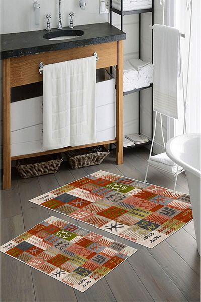 nova century Covoraș de baie lavabil din 2 piese cu bază anti-alunecare - Nova Bath Patterned 60*100 Cm - 50*60 Cm