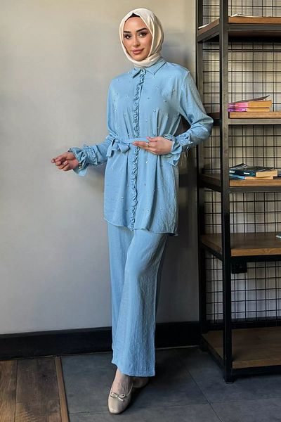 julude Light Blue Hijab Waist Belted Stone Tunic Trousers Double Set