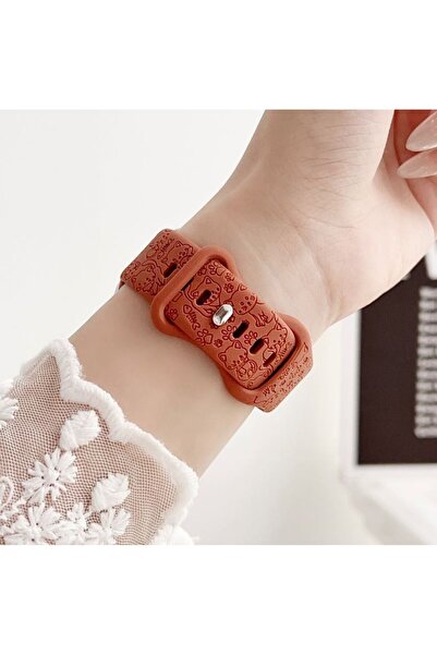 REDz Accessories Λουράκι με χαραγμένο σχέδιο γάτας, Sport, Συμβατό με Apple Watch, Ρυθμιζόμενο, Σιλικόνη, Καφέ - 38/40/41 mm