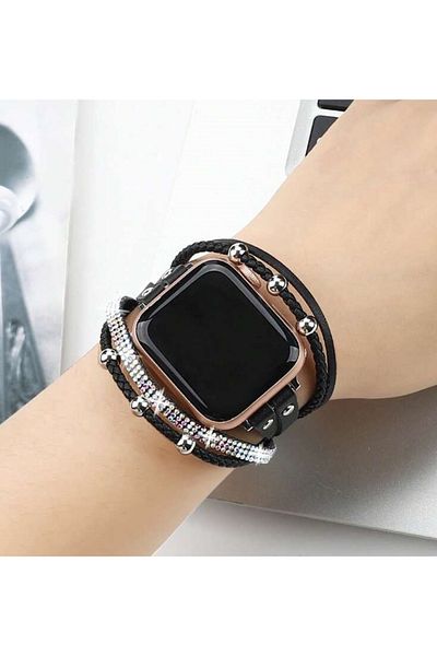 REDz Accessories Fashion Strap For Apple Watch, Rhinestones And Leather, Multi Bracelet Look, Black - 44/45/46/49 Mm
