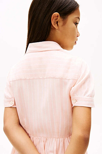 Tommy Hilfiger Kız Çocuk Th Çizgili Kısa Kollu Gömlek Elbise - Pudra