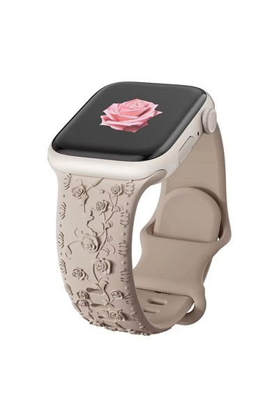 REDz Accessories Curea cu trandafiri, silicon gravat, pentru Apple Watch, detalii florale, reglabilă, crem - 38/40/41 mm