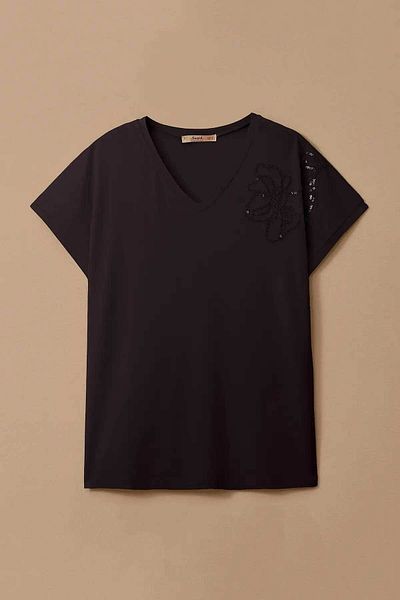 SEÇİL Women's V-Neck Embroidered Combed Cotton Blouse - Black