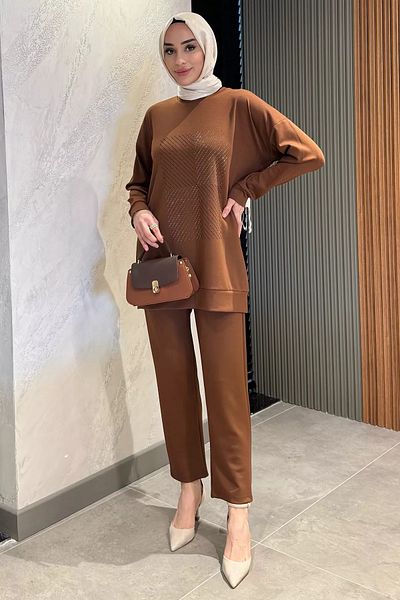 julude Καφέ μπροστινό πέτρινο λαιμόκοψη Plus Size Hijab Παντελόνι Σετ δύο τεμαχίων