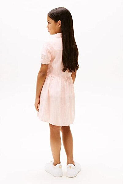 Tommy Hilfiger Kız Çocuk Th Çizgili Kısa Kollu Gömlek Elbise - Pudra