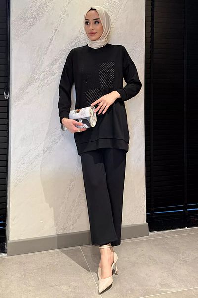 julude Μαύρο μπροστινό πέτρινο λαιμόκοψη Plus Size Hijab Παντελόνι Σετ δύο τεμαχίων