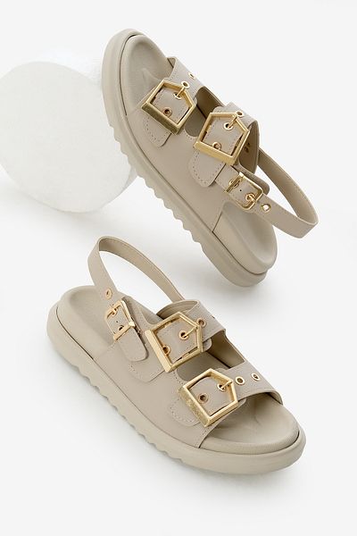 Tonny Black Women's Beige Poly Sole Double Strap Buckle Sandals
