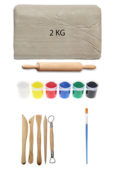 ACUTO مجموعة طين السيراميك الأبيض 2 كجم، 6 × 15 مل، طلاء الجواش، طين اللعب على شكل دوارة خشبية