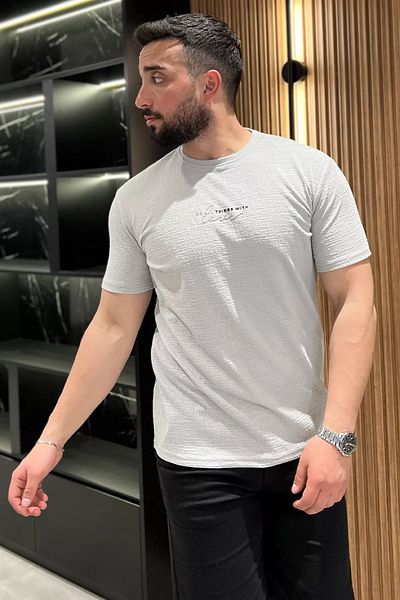 MİSHAR İTALİA Γκρι ανδρικό μπλουζάκι με στάμπα με αυτοσχεδιασμό