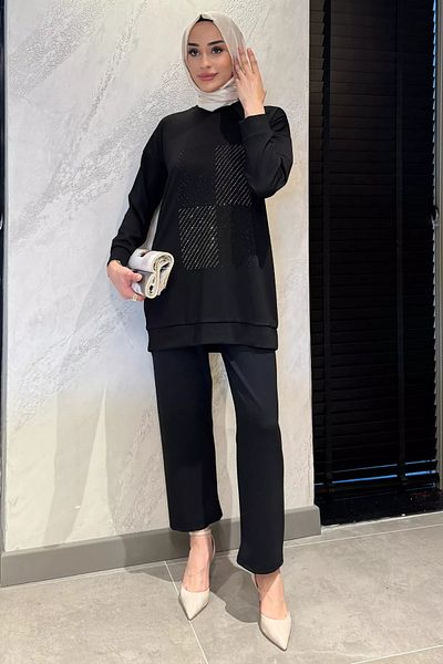 julude Μαύρο μπροστινό πέτρινο λαιμόκοψη Plus Size Hijab Παντελόνι Σετ δύο τεμαχίων