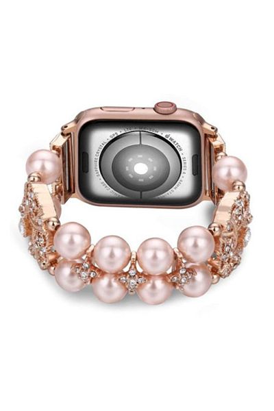 REDz Accessories Strap For Apple Watch Fashion, Pearls, Crystals, Elastic, Women's, Pink/rose-gold - 44/45/46/49 Mm
