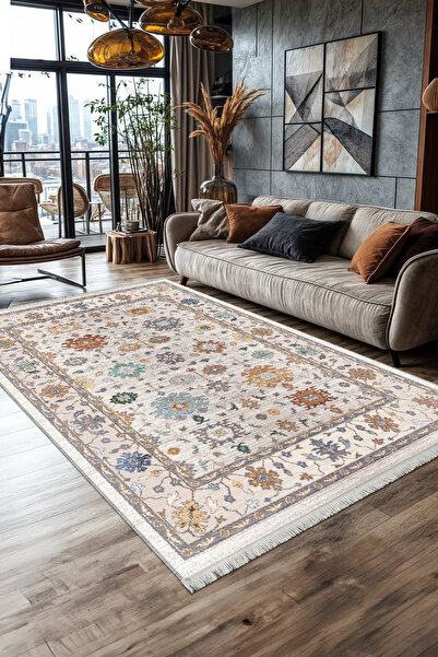 Artızon Dekoratif Modern Vintage Retro Tasarım Kaydırmaz Taban Renkli Salon Yolluk Oturma Odası Halı