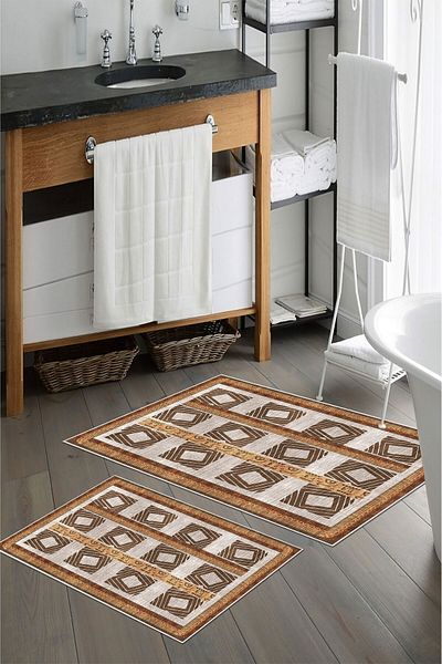 nova century Covoraș de baie lavabil din 2 piese cu bază anti-alunecare - Nova Bath Patterned 60*100 Cm - 50*60 Cm