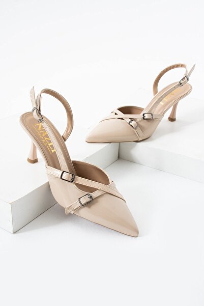AlbiShoes Çift Toka Detaylı Arkası Açık Rugan Sivri Burun 8 Cm Ince Topuklu Stiletto Kadın Ayakkabı